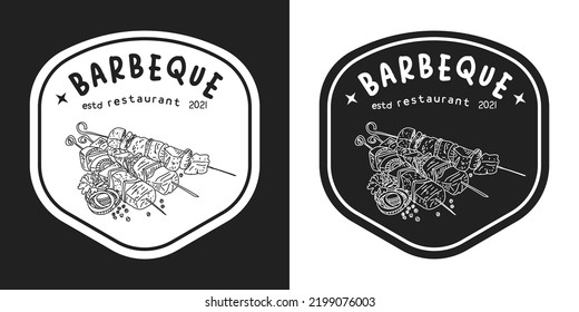 Flame and text designs as well as grill elements shish kebab logo. Vector illustration.
