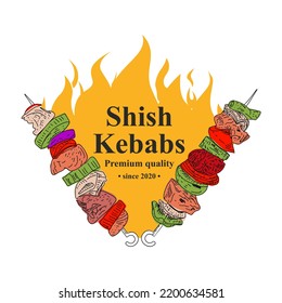 Flame and text designs as well as grill elements shish kebab logo. Vector illustration.
