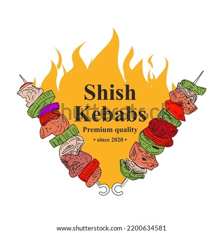 Flame and text designs as well as grill elements shish kebab logo. Vector illustration.
