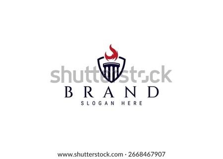 flame torch pillar column logo with shield combination in flat design style