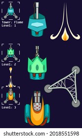Flame Tower Assets or Sprite Sheet for Tower Defense Game, Levels 1 to 3, Top-down camera view