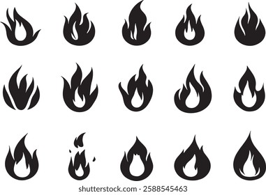 Flame Vector Set, Black Fire Icons Isolated on White Background