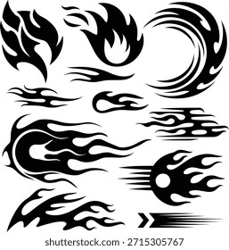 Flame Vector Silhouettes, Tribal Fire Icons and Speed Flame Set