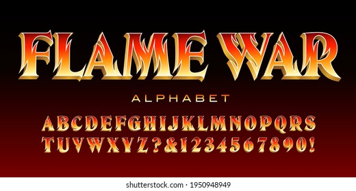 Flame War; a stylized serif font with outlines suggesting fire or licking flames. Good for banners, game logos, movie titles, etc.