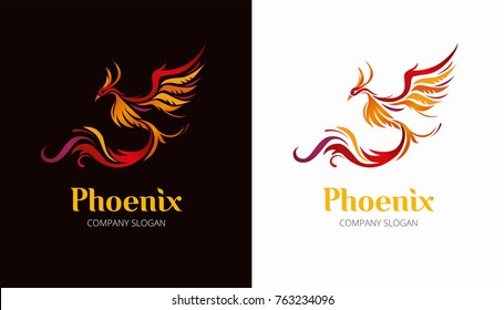 Flame wings Phoenix logo. Flying fire bird vector illustration on black and white background. Exclusively drawn lettering for branding. Also suitable for posters, prints, t-shirts, bags and notebook.