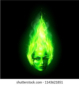 Flame Woman Head with Green Fiery. Could be a Concept for the Game Design
