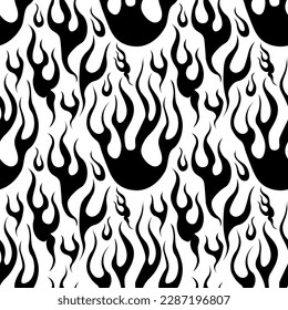 Flame Y2K Seamless fire pattern Psychedelic vector black background Retro Style. Funky summer abstract modern aesthetic print. Wall frame poster, banner or Social Media template. EPS