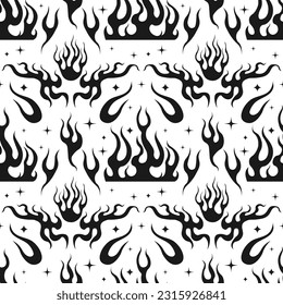 Flame Y2K Seamless fire pattern Psychedelic vector black background Retro Style. Funky summer abstract modern aesthetic print. Wall frame poster, banner or Social Media template. EPS