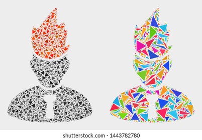 Flamed manager collage icon of triangle items which have different sizes and shapes and colors. Geometric abstract vector illustration of flamed manager.