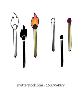 Flamed And Not Used Matches Icons. Outline, Glyph, Colored Variants. Doodle Style. Hand Drawn Vector Illustration, Isolated On White Background.