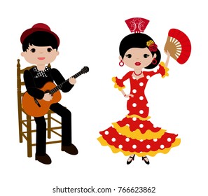 Flamenca with red dress and guitarist man