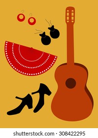 Flamenco accessories: shoes, fan guitar, ear-rings and castanets