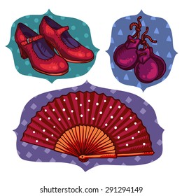 Flamenco attributes, fan, castanets, flamenco shoes
