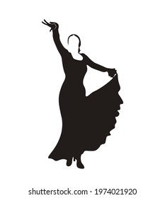 Flamenco black and white vector stock illustration. Silhouette of a dancer in a dress. Traditional Spanish dance. Isolated on a white background. 