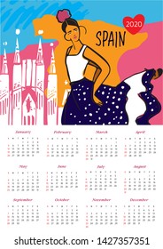 Flamenco calendar for 2020 year. Week starts on sunday. Vector template with girl dancing flamenco in blue dress and map of Spain.