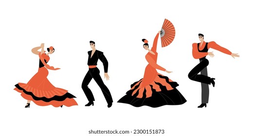 Flamenco collection. Set of vector illustrations of men and women dancing traditional spanish dances. Couples in folk costumes in flat style