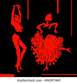 Flamenco couple dancer, hand draw silhouette  