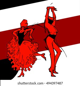 Flamenco couple dancer, hand draw silhouette  