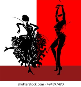 Flamenco couple dancer, hand draw silhouette  