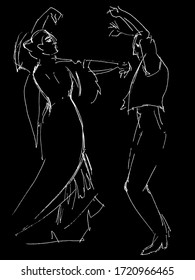Flamenco dance. White line on black. Vector illustration