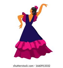 Flamenco dancer in a back dance pose in a blue dress on a white background. Symbol of Spain for tourist guides, Souvenirs, promos. Poster for dance schools and festival. Cartoon vector illustration.