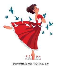 Flamenco Dancer. Beautiful Dancer In A Red Dress In Cartoon Style. Needles And Flowers.
Vector Illustration