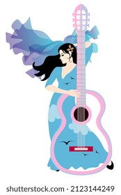 A flamenco dancer in a blue dress with clouds and birds and a manton in the shape of a flying bird and a stylized guitar nearby. Beautiful vector poster.