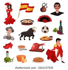 Flamenco dancer, bull, paella, bottle of wine, olive oil, castanets, jamon cartoon vector illustration