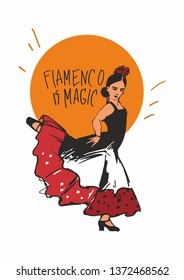 a flamenco dancer in a dance pose in a dress with a frill in peas and a rose in her hair against the yellow circle of the sun with the inscription flamenco is magic for a poster or advertising poster
