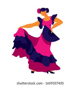 Flamenco dancer in a dance pose with a fan in her hand on a white background. Symbol of Spain for tourist guides, Souvenirs, promos. Poster for dance schools and festival. Cartoon vector illustration.