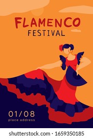 Flamenco dancer in a dance pose with a fan in her hand on a white background. Symbol of Spain. Banner template of card, invitation on party. Vertical decorative festival poster. Vector illustration.