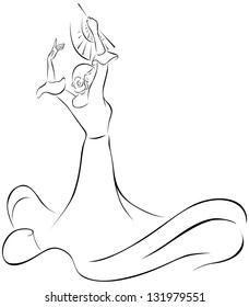 flamenco dancer with fan - black outline illustration