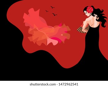 Flamenco dancer with fan in her hand, dressed in black dress, the hem of which turns into mountains. Red manton flies like a bird in sunset sky. Fairytale illustration, poster for the dance festival.