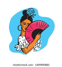 Flamenco dancer with a fan in her hands and a rose in her head hand-drawn on blue background for a poster. Vector illustration