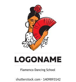 Flamenco dancer with a fan in her hands and a rose in her head hand-drawn on whate background for logo dance school. Vector illustration