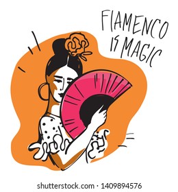 Flamenco dancer with a fan in her hands and a rose in her head hand-drawn on yellow background for a poster or baner. Vector illustration