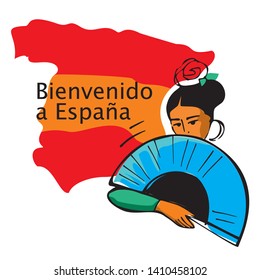 Flamenco dancer with a fan in her hands and a rose in her head hand-drawn on against the background of the map of Spain with the words Bienvenido a Espana ("Welcome to Spain")  for a poster or banner. Vector illustration