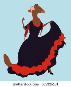 flamenco dancer ferret  in long dark dress isolated on blue