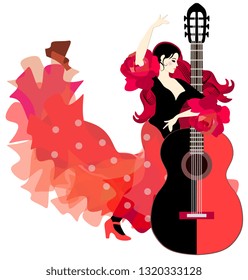 Flamenco dancer girl and big guitar on white background. Spanish symbols.