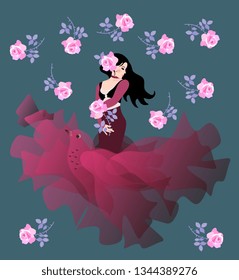 Flamenco dancer girl, dressed in a cherry-colored dress with a hem that looks like a bird flying up, stands with a light pink rose in her hand against a background of falling flowers.