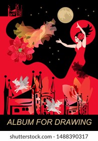 Flamenco dancer girl dressed in long red dress,sun, moon, flying fire bird, silhouette of buildings, funny winged unicorns. Fantastic cover for album for drawing. Fairytale.