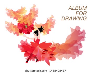 Flamenco dancer girl, dressed in red dress with hem in shape of flying bird, dancing with sun in form of clematis flower isolated on white. Cover for an album for drawing.    