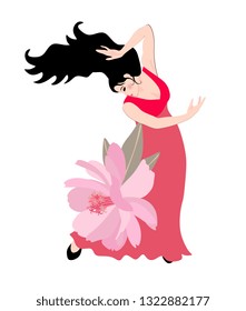 Flamenco dancer girl in red dress wiyh large pink garden flower. Beautiful collection.