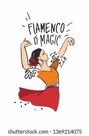 A flamenco dancer with her hands up with a red rose in her hair and a red dress with the words flamenco is magic drawn by hand for a poster