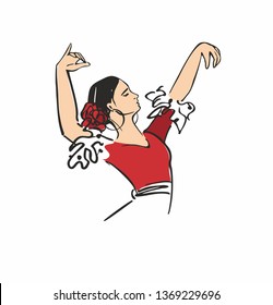 A flamenco dancer with her hands up with a red rose in her hair and a red dress  drawn by hand for a poster