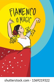a flamenco dancer with her hands up and a rose in her hair in a red skirt against the sun and the sky and the inscription flamenco is the magic drawn by hand