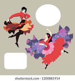 Flamenco dancer man and dancer woman in spanish national clothes isolated on gray background in vector. Space for text. Design elements.