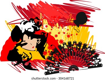 Flamenco dancer over Spanish Flag Background