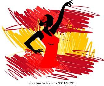 Flamenco dancer over Spanish Flag Background