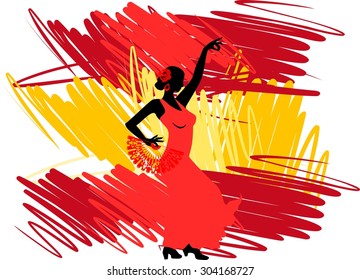 Flamenco dancer over Spanish Flag Background